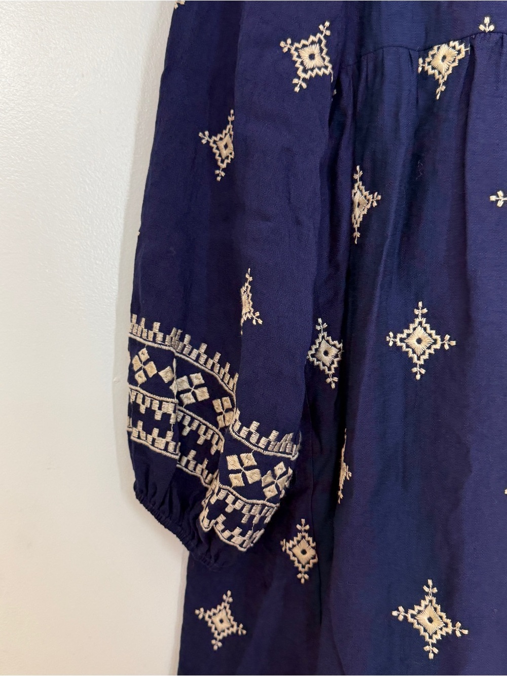 NWT Camellia Embroidered Boho Mini Dress - Size S Tassel Tie Neck- Navy - Picture 3 of 13